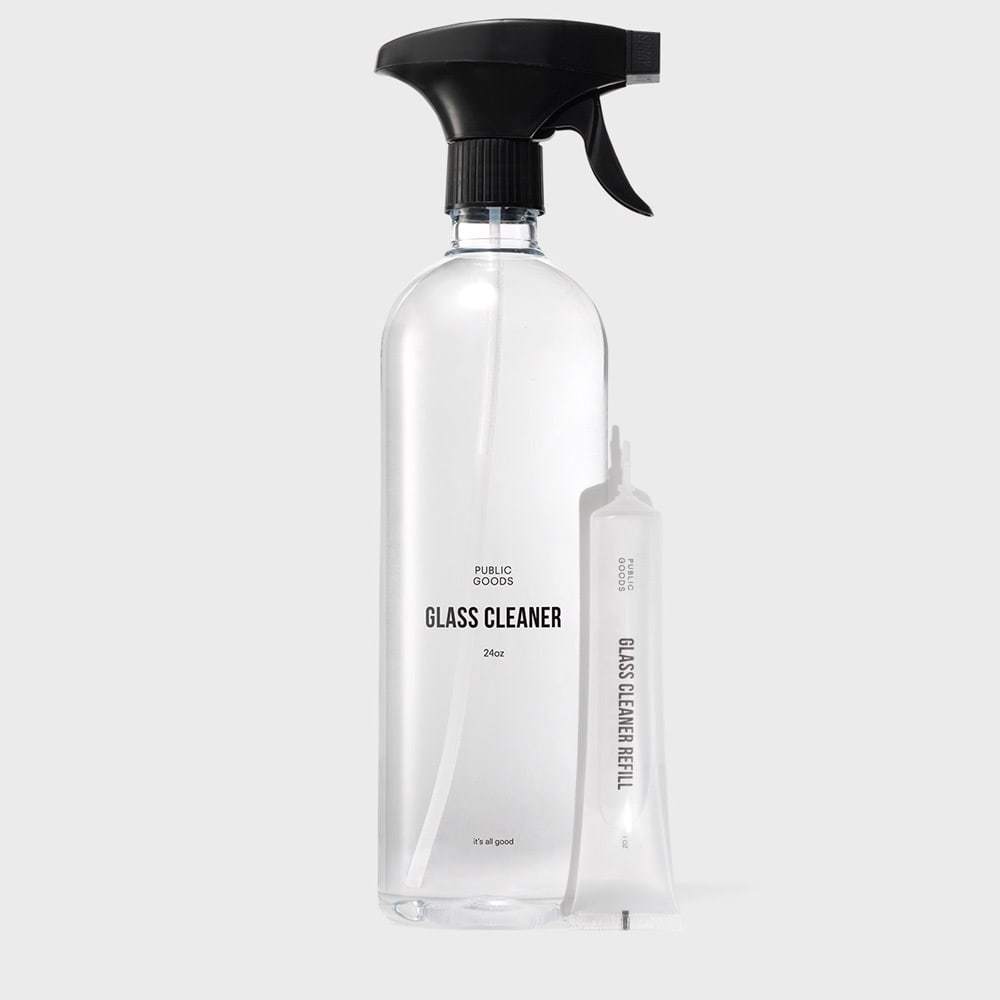 public goods glass cleaner in spray bottle and glass cleaner refill