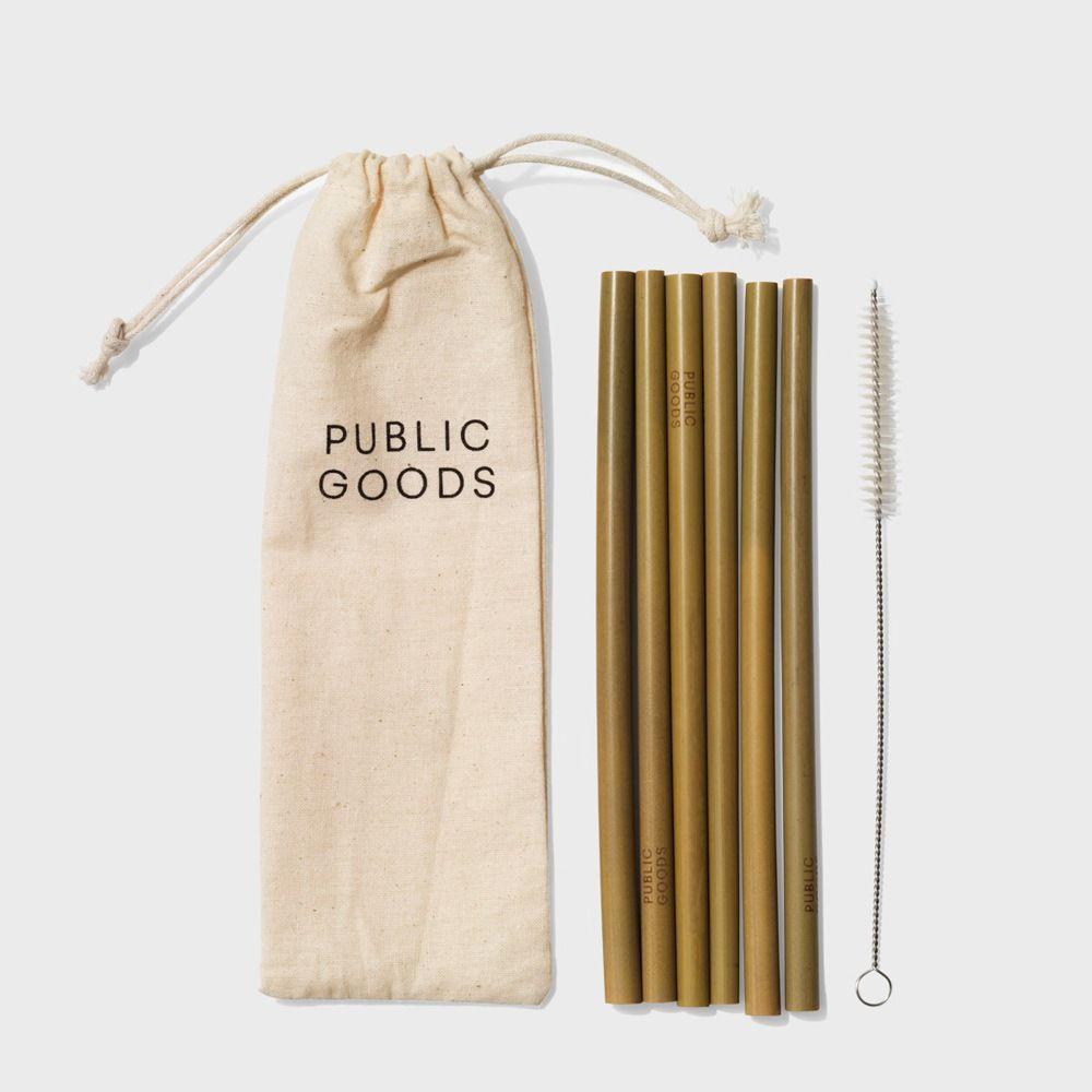 public goods branded cotton pouch, six bamboo straws, bamboo straw cleaner