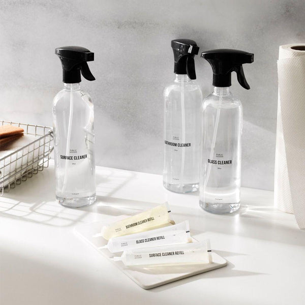 surface cleaner in spray bottle, bathroom cleaner in spray bottle, glass cleaner in spray bottle, cleaning supply refill tubes