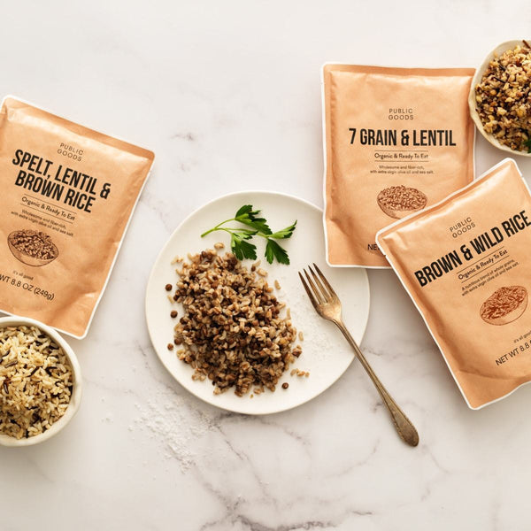 bag of organic spelt lentil and brown rice, bag of organic 7 grain and lentil, bag of brown and wild rice, cooked spelt lentil and brown rice on a plate with fork, bowl of cooked brown and wild rice, bowl of cooked 7 grain and lentils