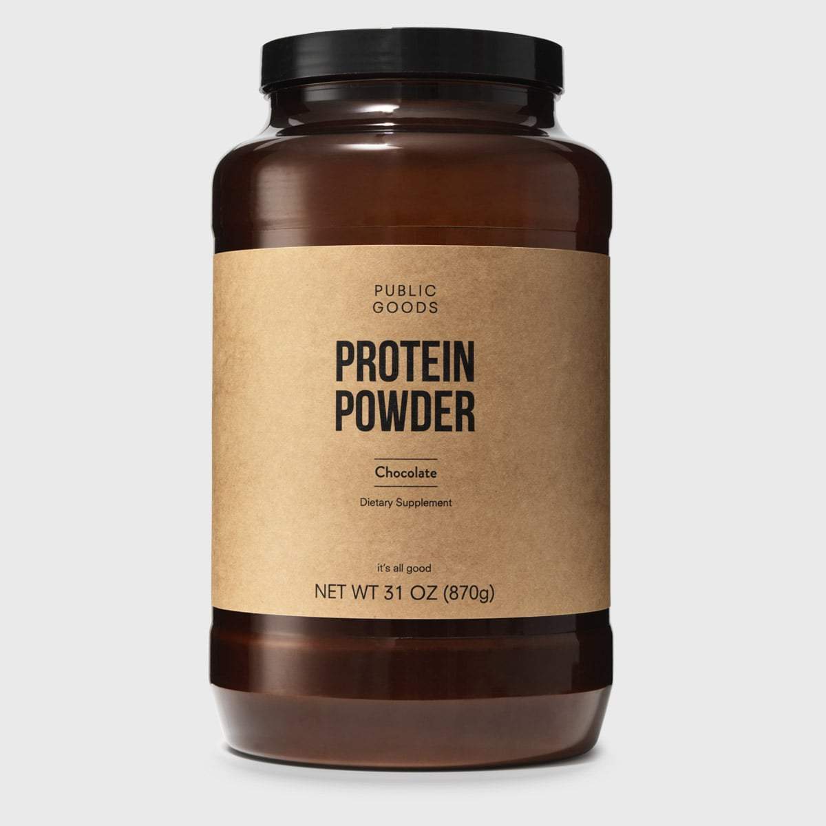 chocolate protein powder in large container