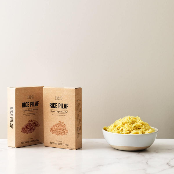 box of original rice pilaf, box of spanish rice pilaf, bowl of rice pilaf, granite kitchen counter