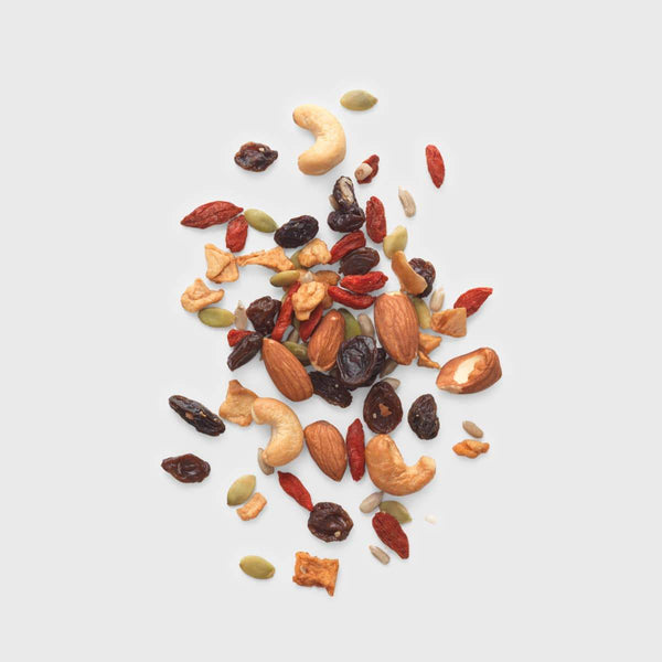 almonds, cashews, sunflower seeds, pumpkin seeds, goji berries, diced apples, raisins
