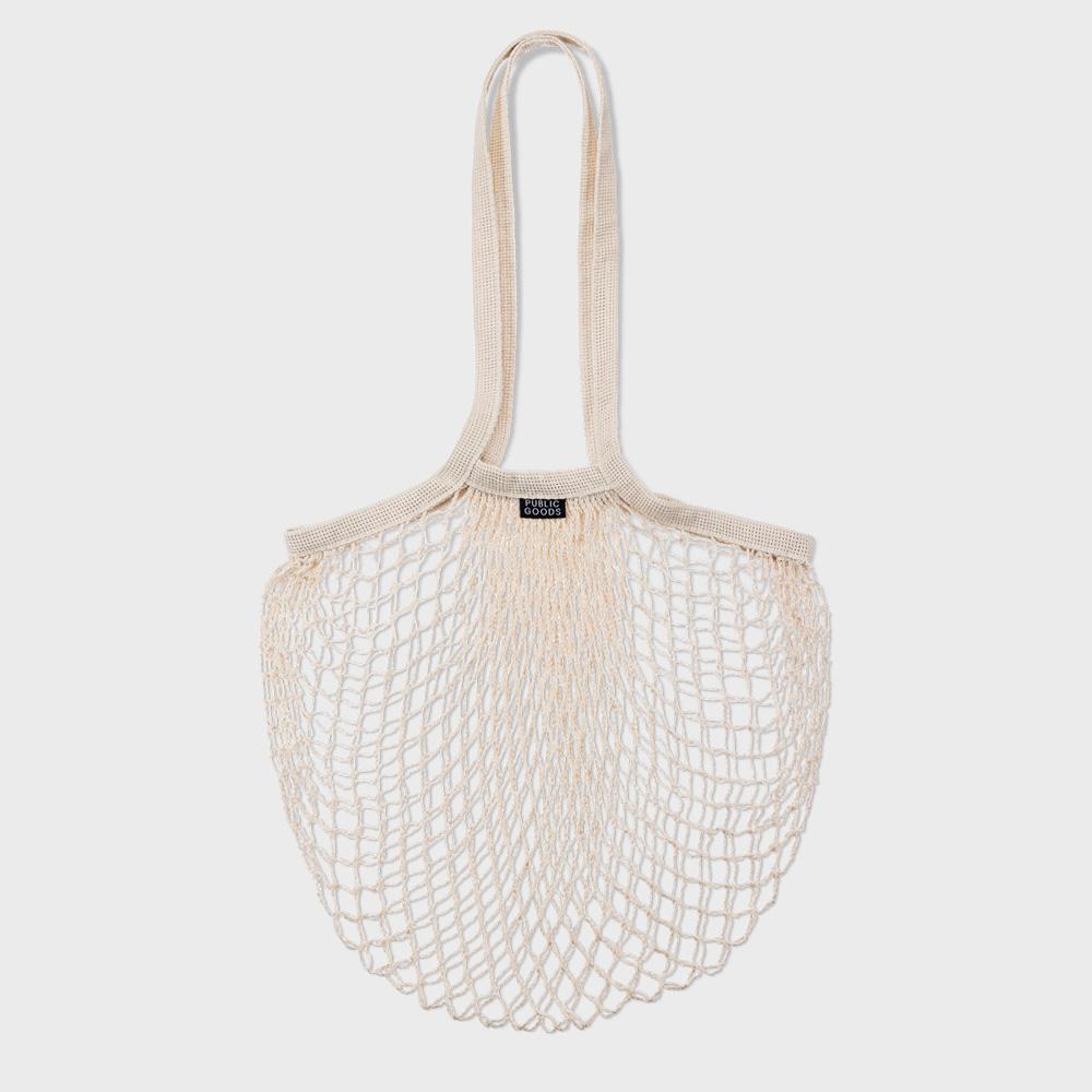 public goods branded wide mesh tote bag